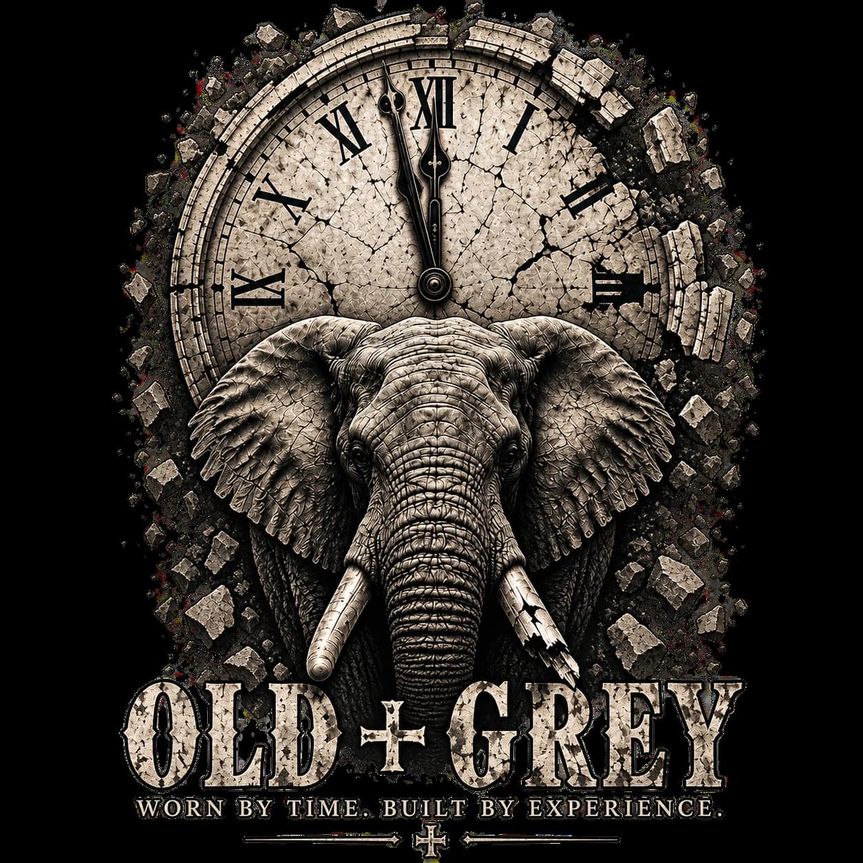 OLD+GREY elephant and clock artwork